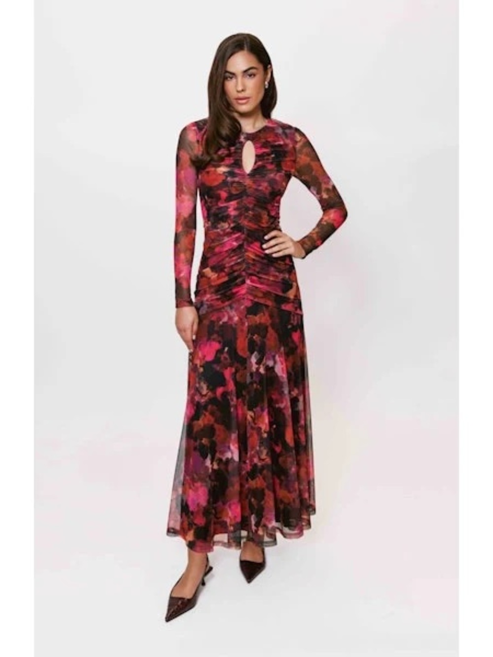 Hutch Ramy Pink and Black Floral Ruched Mesh Maxi Dress